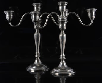 PAIR OF WALLACE THREE LIGHT STERLING CANDELABRAS