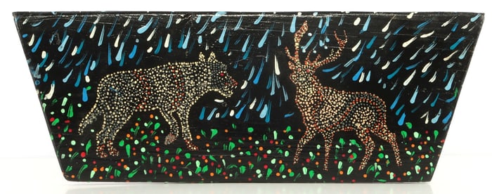 FOLK ART PAINTING MOUNTAIN WOLF & DEER ON WOOD