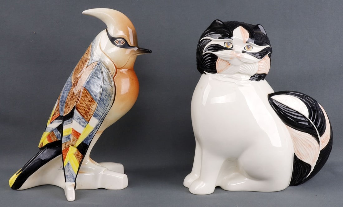 1984 GEORGE SELIM GOEBEL CAT & BIRD FIGURINE: Very good original undamaged condition. Cat stands 9 1/2 inches, bird 10 1/2 inches.