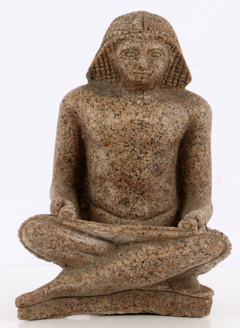 ANCIENT EGYPTIAN GRANITE SEATED SCRIBE SCULPTURE: Ancient Egyptian carved granite seated scribe sculpture. Egyptian late-period style (664 - 332 BC). 7 inches. Very good condition. Unauthenticated, sold "as is."