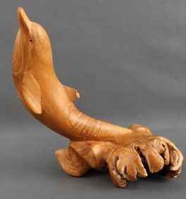 VINTAGE CARVED BIRCH BREACHING DOLPHIN SCULPTURE