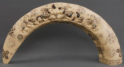 JAPANESE SCRIMSHAW ORGY SCENE ON CELLULOID TUSK
