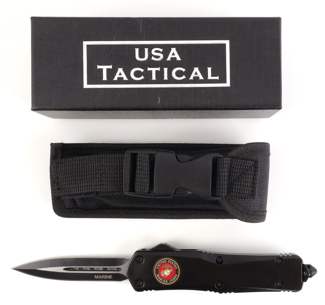 3.5 INCH USA TACTICAL USMC MARINE CORPS KNIFE: 3.5-inch blade. Total length: 9 inches. Includes belt holder. New in box condition.
