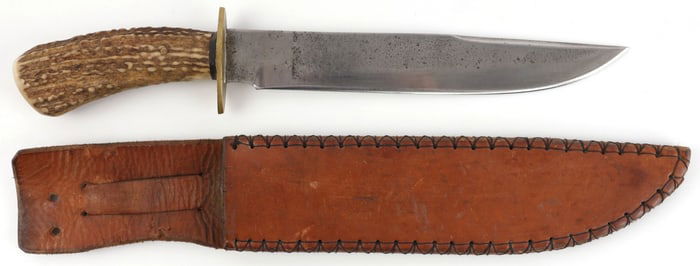 ANTIQUE STAG GRIP BOWIE KNIFE & SHEATH