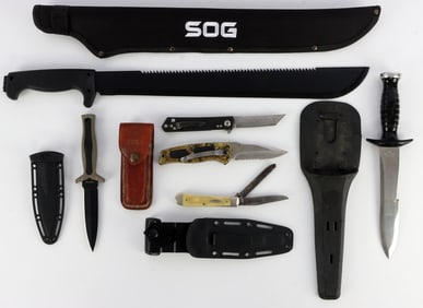LOT OF 8 KNIVES AMF SWIMASTER SOG MACHETE CASE XX