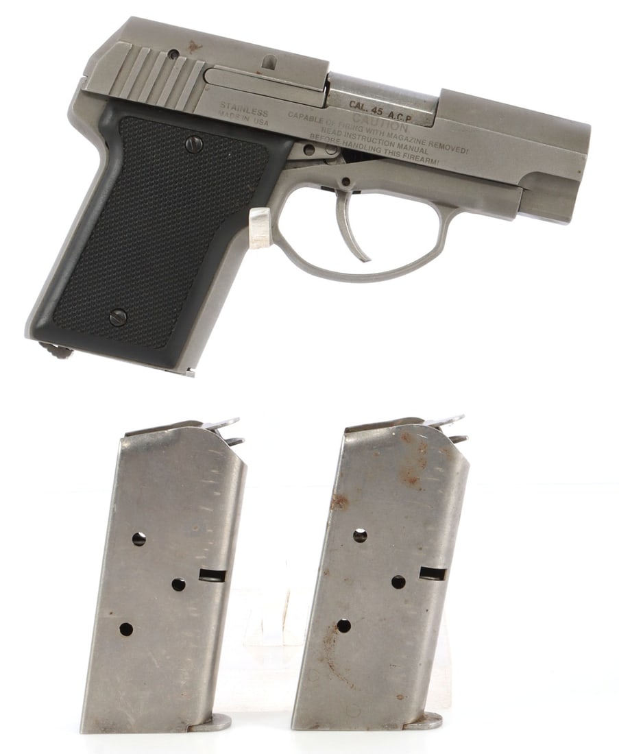 AMT BACKUP .45 ACP SEMI AUTO PISTOL WITH 3 MAGS: AMT Backup double action semi-automatic pistol. Includes three (3) magazines. Left of slide marked "Cal. 45 A.C.P., -Backup-, By Galena Industries Inc., Sturgis, SD." Very good condition. Mechanically