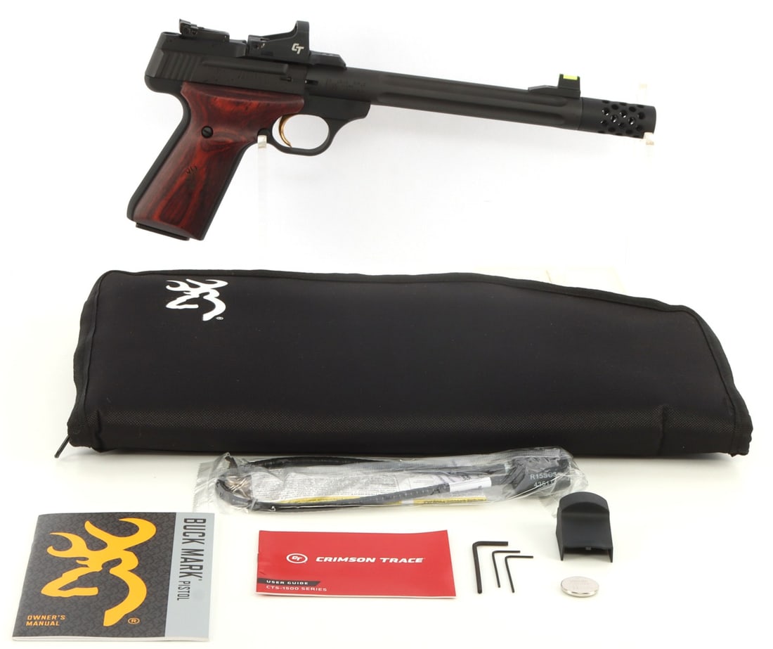 BROWNING BUCK MARK HUNTER RED DOT .22LR PISTOL NIB: New in box. Browning Buck Mark Hunter semi-automatic pistol with Crimson Trace Red Dot optic. Fluted 7.65-inch barrel, threaded muzzle brake, Pro-Target adjustable rear sight, fiber optic front sight,