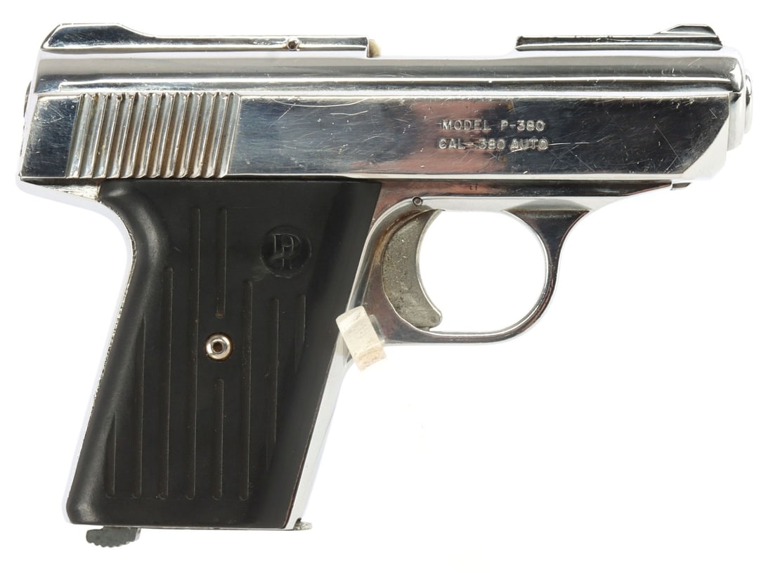 DAVIS INDUSTRIES MODEL P-380 .380 AUTO PISTOL: Davis Industries Model P-380 .380 auto pistol. Nickel plating. Hard rubber grips. Bore is bright and clear. Some slight tarnishing and oxidation around trigger, but easily cleaned. NRA modern gun stan