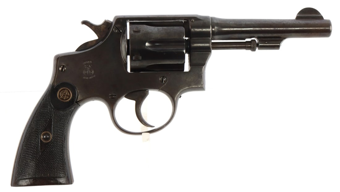 GARATE ANITUA SPANISH M&P 38 HAND EJECTOR REVOLVER: Garata Anitua double-action revolver, a decent-quality Spanish clone of the Smith & Wesson Military & Police .38 Hand Ejector. Blued steel 4.5-inch barrel and frame with case-hardened hammer and trigg