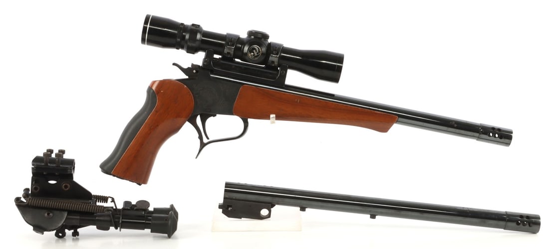 THOMPSON CENTER SUPER 14 CONTENDER PISTOL: Thompson Center Super 14 Contender break-action single-shot pistol with two (2) barrels, cal .223 Rem & .45-70 Gov't. Thompson Center 2.5-7x scope installed. Very good condition. Mechanically fine, fu