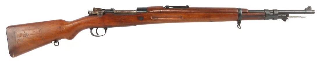 MATCHING SPANISH MAUSER M43 8MM BOLT ACTION RIFLE: Spanish Mauser M43 bolt-action rifle. Blued 24-inch barrel, smooth wood stock, rear ladder sights, two sets of sling mounts, bayonet lug and cleaning rod. Receiver ring marked with coat of arms and "F