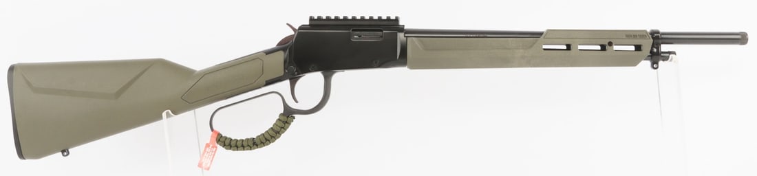 ROSSI RIO BRAVO TACTICAL .22 LR LEVER ACTION NIB: New in box. Rossi Rio Bravo Tactical lever-action rifle. Barrel 16.5 inches, threaded 1/2x28. Capacity 10+1 rounds. Polymer OD green stock with sling mounts and picatinny rail for accessories. FFL req