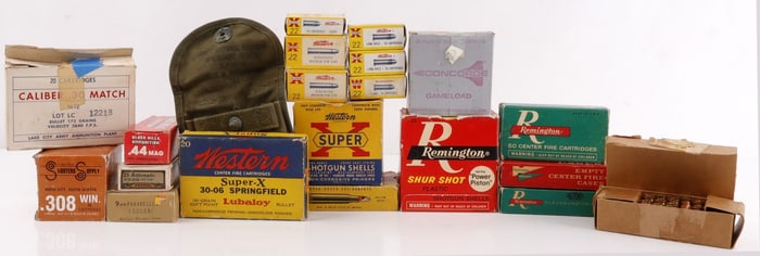 21 BOX LOT OF VINTAGE AMMO RIFLE PISTOL & SHOTGUN