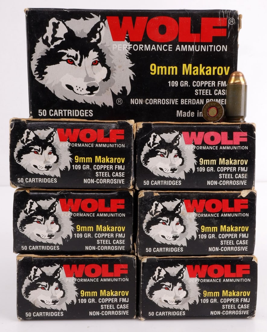 350 RDS 9MM MAKAROV WOLF PISTOL AMMUNITION: Lot of 350 rounds factory new 9mm Makarov centerfire pistol ammunition. No international shipping. Know your state laws prior to bidding. This lot has a reserve.