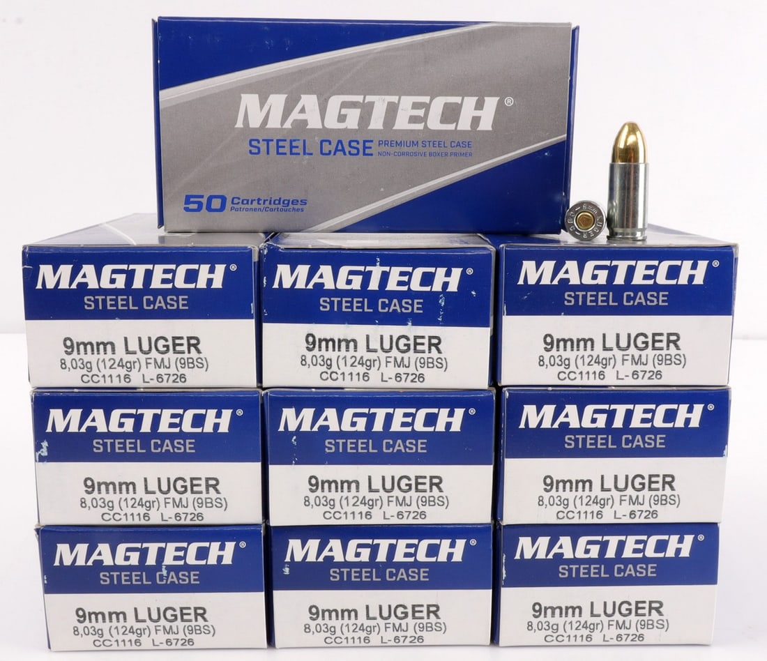 500 RDS MAGTECH 9MM LUGER 124 GR FMJ: 500 rounds MagTech steel case 9mm Luger, 124 grain, full metal jacket ammunition. No international shipping. Know your state laws prior to bidding. This lot has a reserve.