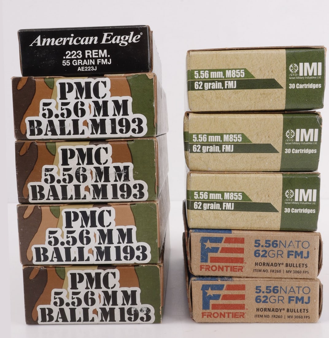 230 RDS 5.56X45MM BALL RIFLE AMMUNITION: Lot of 230 rounds factory new 5.56X45mm centerfire rifle ammunition. IMI, PMC, Hornady Frontier. One box American Eagle .223 Rem 55gr FMJ. No international shipping.