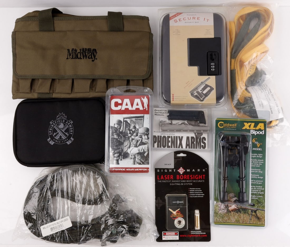 LOT OF 10 FIREARM BELT CASE BAG BIPOD ACCESSORIES: Lot of TEN (10). Includes two (2) pistol belts, one (1) 380 ACP laser bore sight, one (1) handgun security box, two (2) handgun bags, one (1) Phoenix Arms 22LR magazine and one (1) chamber, one (1) Ca