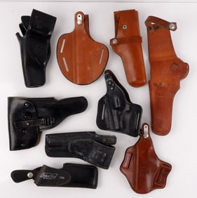 LOT OF 10 HANDGUN BELT LEATHER HOLSTERS