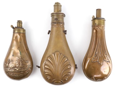 LOT 3 ANTIQUE POWDER FLASK G&JW HAWKSLEY W BARTRAM