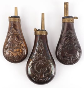 3 ANTIQUE LYMAN BLACKENED COPPER POWDER FLASKS