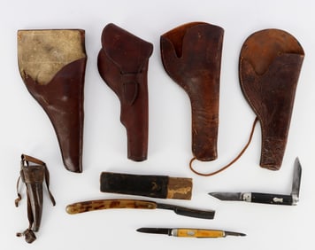 LOT OF ANTIQUE PISTOL HOLSTERS KNIFE AND MORE