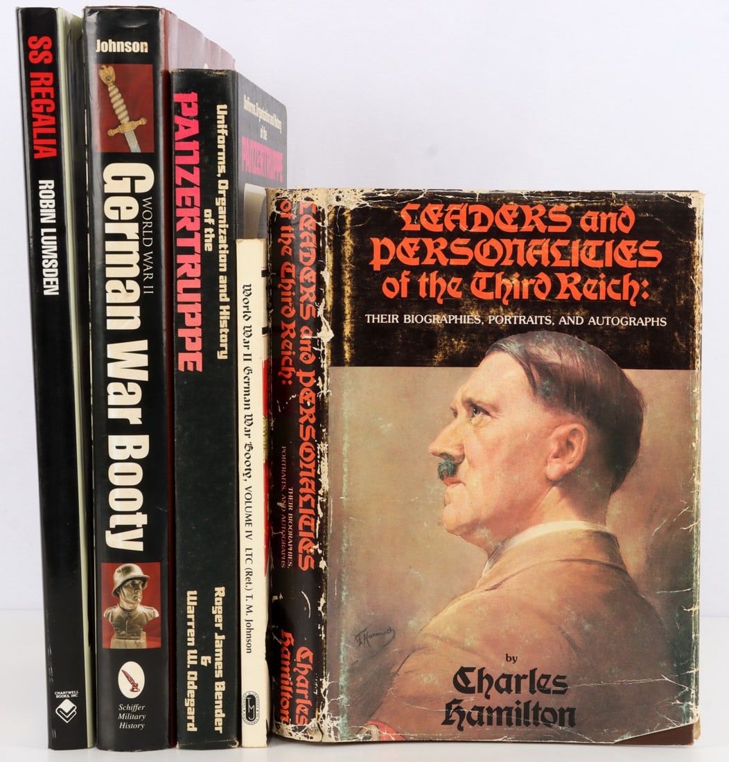 LOT 5 WWII GERMAN REICH COLLECTORS REFERENCES: Lot of FIVE (5) reference books: 1) Leaders and Personalities of the Third Reich: Their Biographies, Portraits, and Autographs by Charles Hamilton; SS Regalia by Robin Lumsden; World War II German War