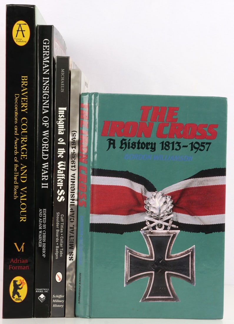 LOT 5 WWII GERMAN REICH MEDAL INSIGNIA REFERENCE: Lot of FIVE (5) reference books. 1) Bravery Courage & Valor: Decorations of the Third Reich by Adrian Forman. 2) German Insignia of World War II edited by Chris Bishop and Adam Warner. 3) The Iron Cro