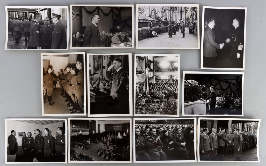LOT OF 12 WWII GERMAN HEINRICH HOFFMAN PHOTOGRAPHS: Lot of TWELVE (12). Very nice collection with many showing Adolf Hitler, leaders, rallies, and funeral procession. 5 X 7 inches each.