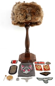 WWII GERMAN FUR HAT & CLOTH INSIGNIA