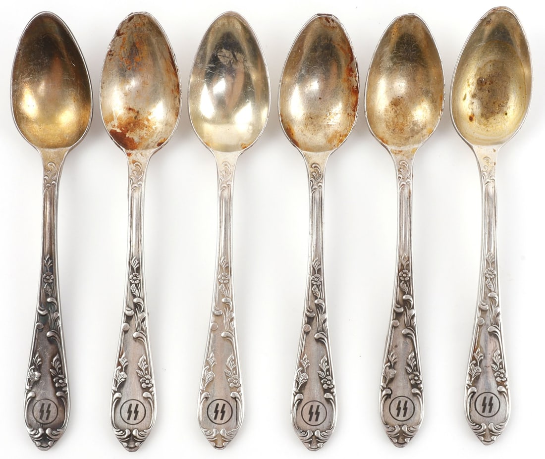 SET OF 6 WWII GERMAN THIRD REICH TEASPOONS: Set of SIX (6) teaspoons, each engraved with SS Sieg-runes. Unauthenticated, sold "as is."
