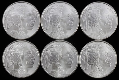 LOT 6 .999 FINE SILVER 1 OZT OUNCE BUFFALO ROUNDS