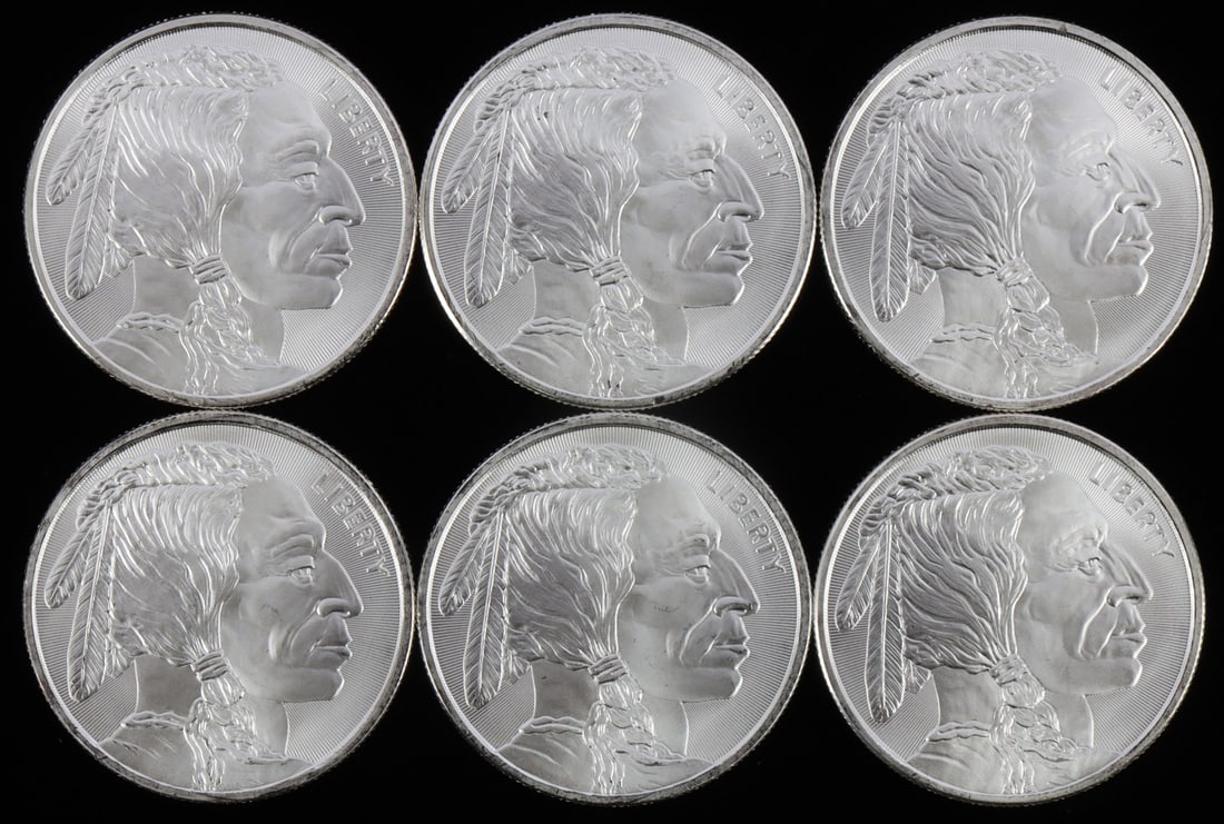 LOT 6 .999 FINE SILVER 1 OZT OUNCE BUFFALO ROUNDS