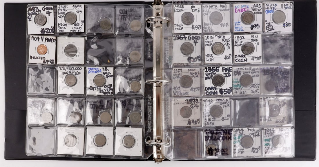 BINDER W 50 SHIELD NICKEL COINS SOME BETTER DATES: Pulled from circulation, but quite a few better dates, G, VG, some F. Better dates and some are duplicated, include, 1864, 66, 67, 70, 72, 73, 82, and 1883. Some decent value.