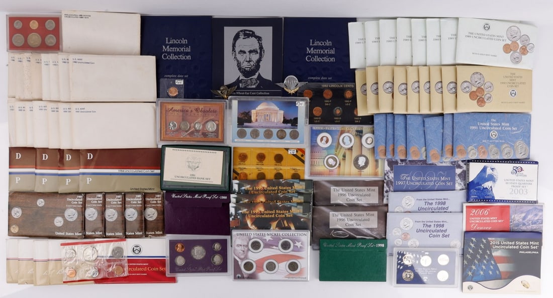 UNITED STATES COIN COLLECTOR LOT PROOF SETS: Lot features circulated coin sets, proof sets, bank sets, uncirculated mint sets with the envelope. Very good condition. Variety of dates.