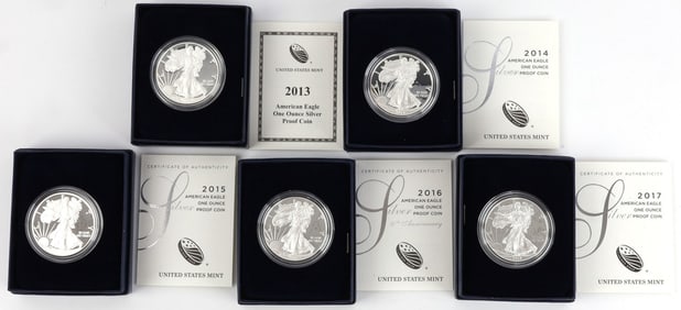 AMERICAN EAGLE SILVER PROOF LOT OF 5 MIX DATE