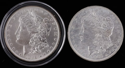 BU 1896 & GEM UNC 1904 MORGAN SILVER DOLLAR COINS