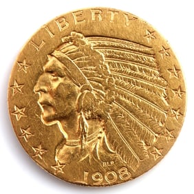 1908 US $5 FIVE DOLLAR GOLD COIN