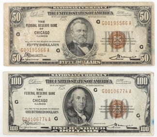 2 NATIONAL CURRENCY CHICAGO 1929 SERIES $50 & $100