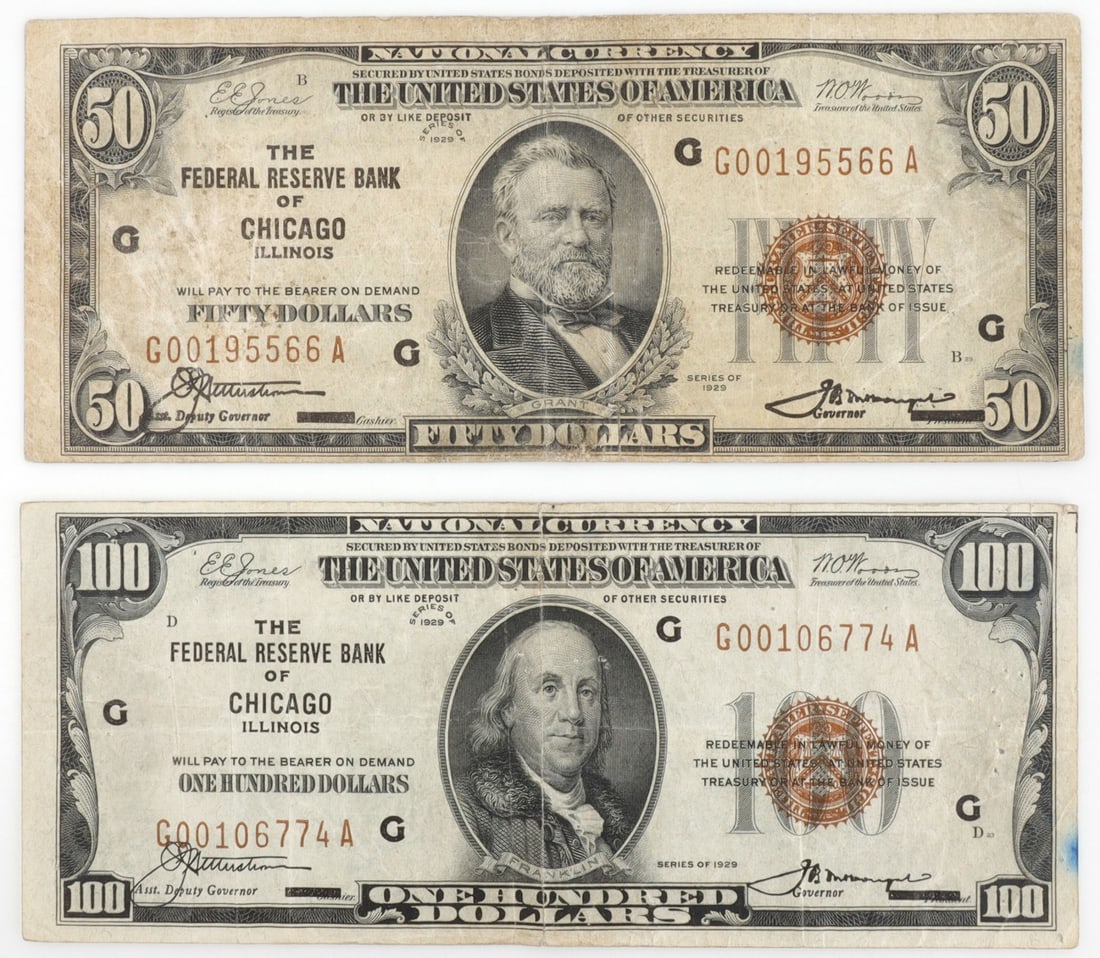 2 NATIONAL CURRENCY CHICAGO 1929 SERIES $50 & $100: The $50 is Somewhat heavy creased, free of pinholes and tears. Net F. The $100 is better but also creased and has pinholes in right fields net F as well This lot has a reserve.