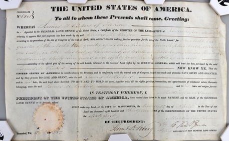 MARTIN VAN BUREN SIGNED PRESIDENTIAL LAND GRANT