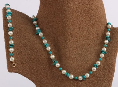14K GOLD FAUX PEARL TURQUOISE BRACELET NECKLACE
