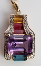 14K YELLOW GOLD DIAMOND MULTI GEMSTONE NECKLACE