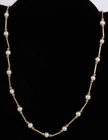 18 INCH 14K YELLOW GOLD BEADED PEARL NECKLACE