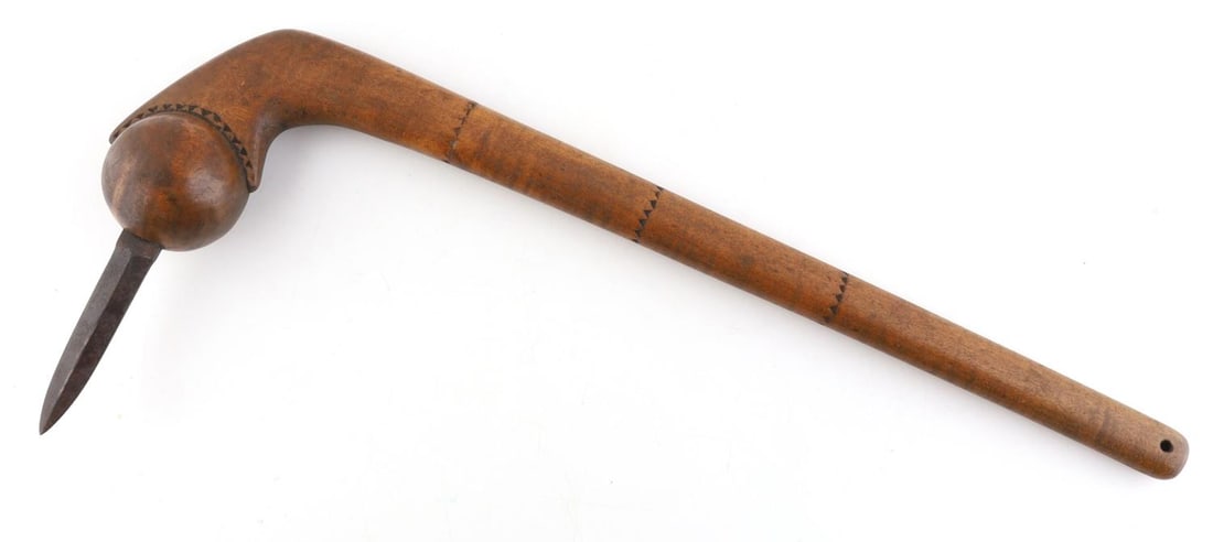 NATIVE AMERICAN SPIKED BALL HEAD WAR CLUB: Native American ball head spiked war club with simple incised decoration, ca. 19th century. Length 19 inches. Blade 3.5 inches. Very good condition. This lot has a reserve.
