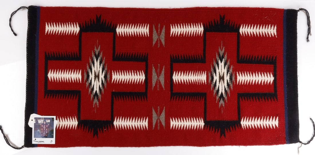 NATIVE AMERICAN NAVAJO RUG SPIDER WOMAN CROSS: A Navajo rug with the Spider Woman Cross design by Navajo weaver Mary Yazzie. In red, white, black, and grey. Comes with original sales receipt. 22 X 42. Very good, original condition.