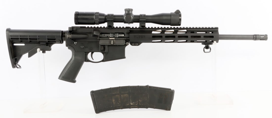RUGER AR-556 MODEL 8529 5.56X45MM SEMI AUTO RIFLE: Ruger AR-556 (Model 8529) semi-automatic AR-15 pattern rifle with free float handguard and Barska 3-9x32 scope. Barrel 16.1 inches, 1:8 twist. Includes one (1) 40rd magazine. Used, very good condition