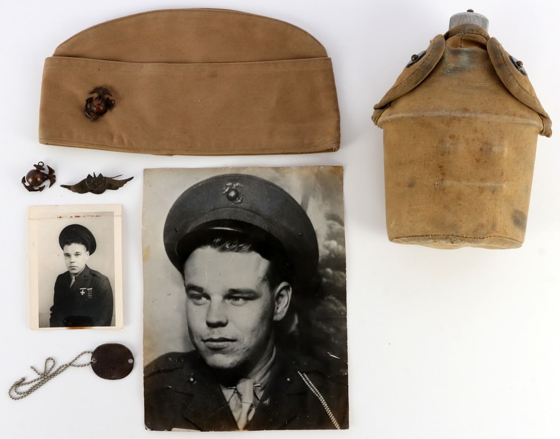 WWII NAMED MARINE PHOTO DOG TAG WINGS HAT: Roy W. Berg, Dog Tag., photographs. overseas hat with EGA, a second no Cuba EGA , and a set of wings. Dog Tag dated 1942, larger photo is named and dated b1943. Pilot, Roy W. Berg. Mr. Berg, from Alam