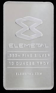 ELEMETAL 10 OZT OUNCE .999 SILVER BAR INGOT: Electronically tested, refiner bar. This lot reserved at melt.