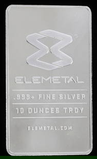 ELEMETAL 10 OZT OUNCE .999 FINE SILVER BAR INGOT: Electronically tested, refiner bar. This lot reserved at melt.