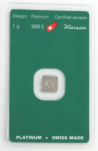 ARGOR HERAEUS SWISS 1 GRAM PLATINUM BAR 999.5: 10 X 10 MM In size, in assayer package. This lot reserved at melt.